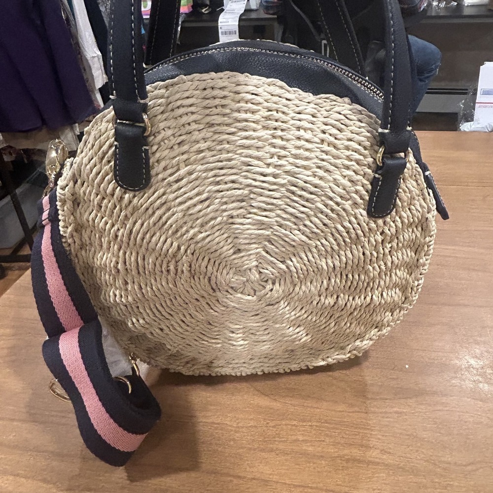 Talbots Backpack Bag Womens Medium Beige Straw Navy Faux Leather Beach Purse